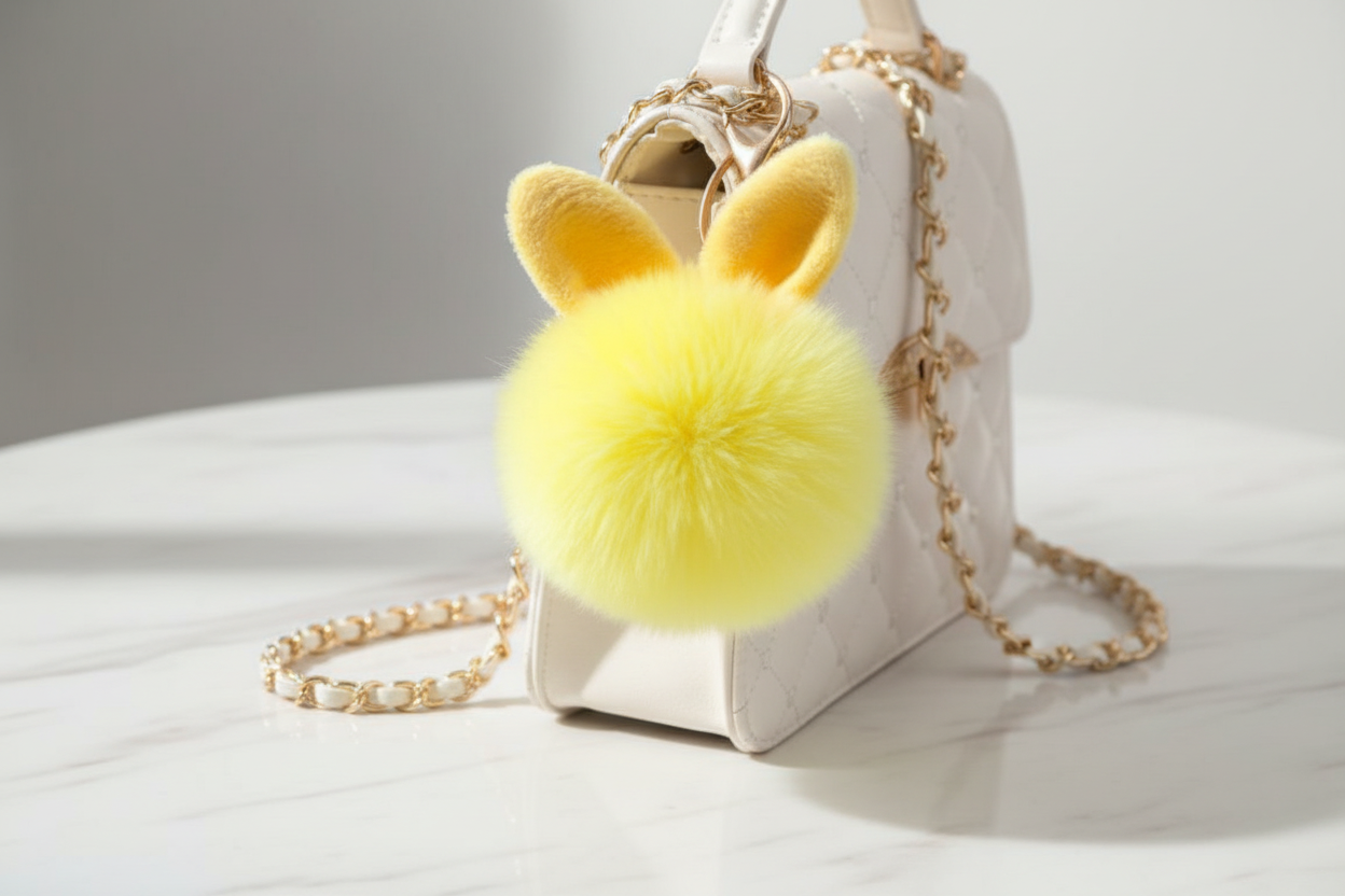 Close-up of a soft, fluffy yellow rabbit plush bag charm attached to a white handbag, showcasing the tactile sensory texture of the bag charm.