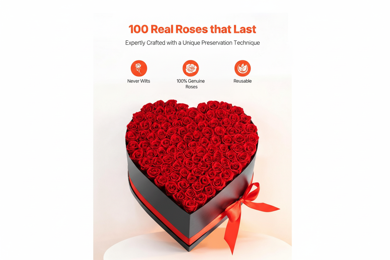 Editorial photo of 100 Real Roses heart-shaped box