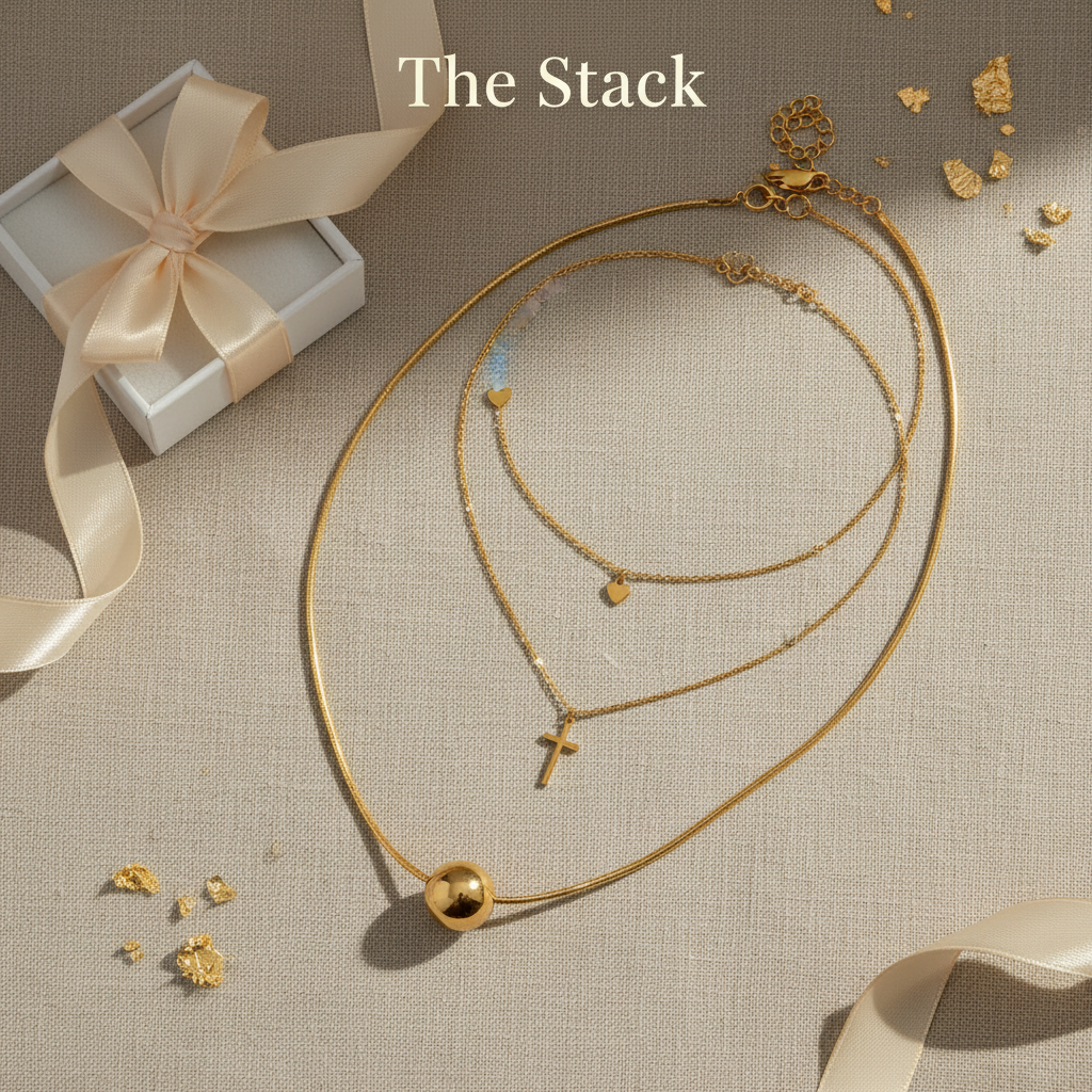 Luxe and Laurel jewelry flatlay featuring a gold layered cross and heart choker paired with a bold 18k gold dipped ball pendant necklace.