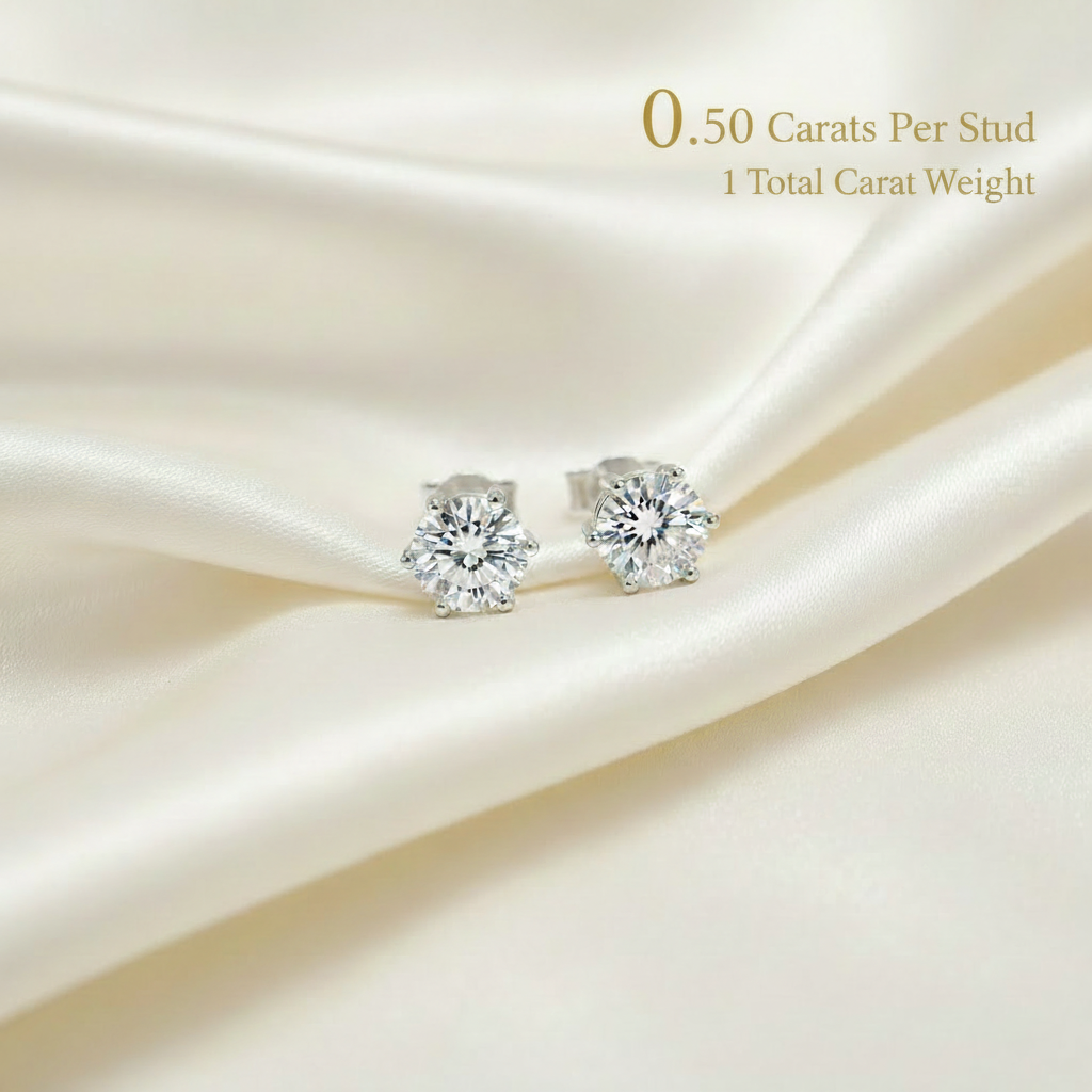0.4 TCW Moissanite Studs on Ivory Silk