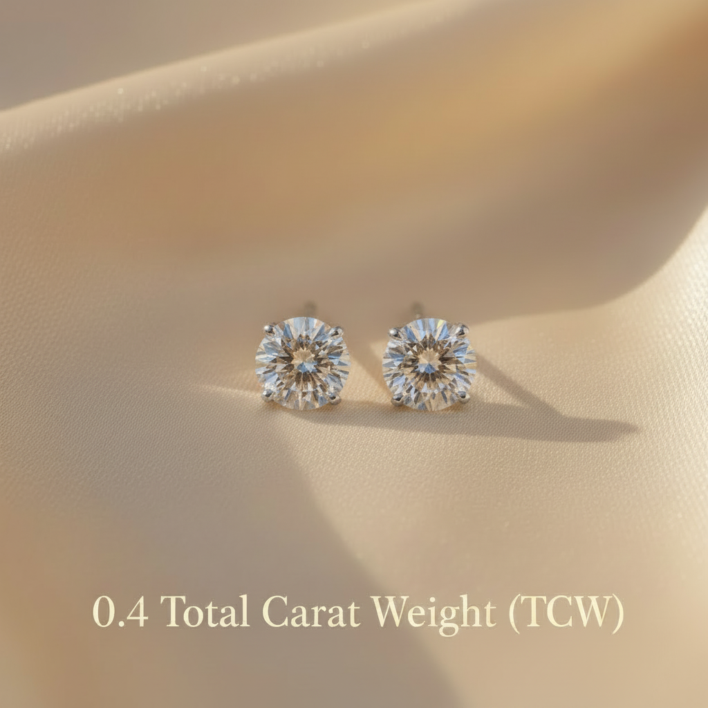0.4 TCW Silver Moissanite Stud Earring Pair – Cream Satin Flat Lay