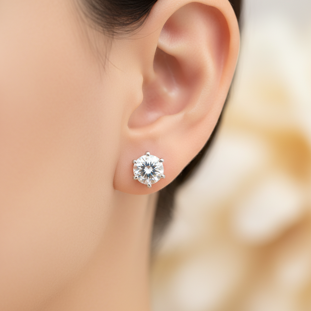 0.60ct Round Brilliant Moissanite Stud — Ear Profile