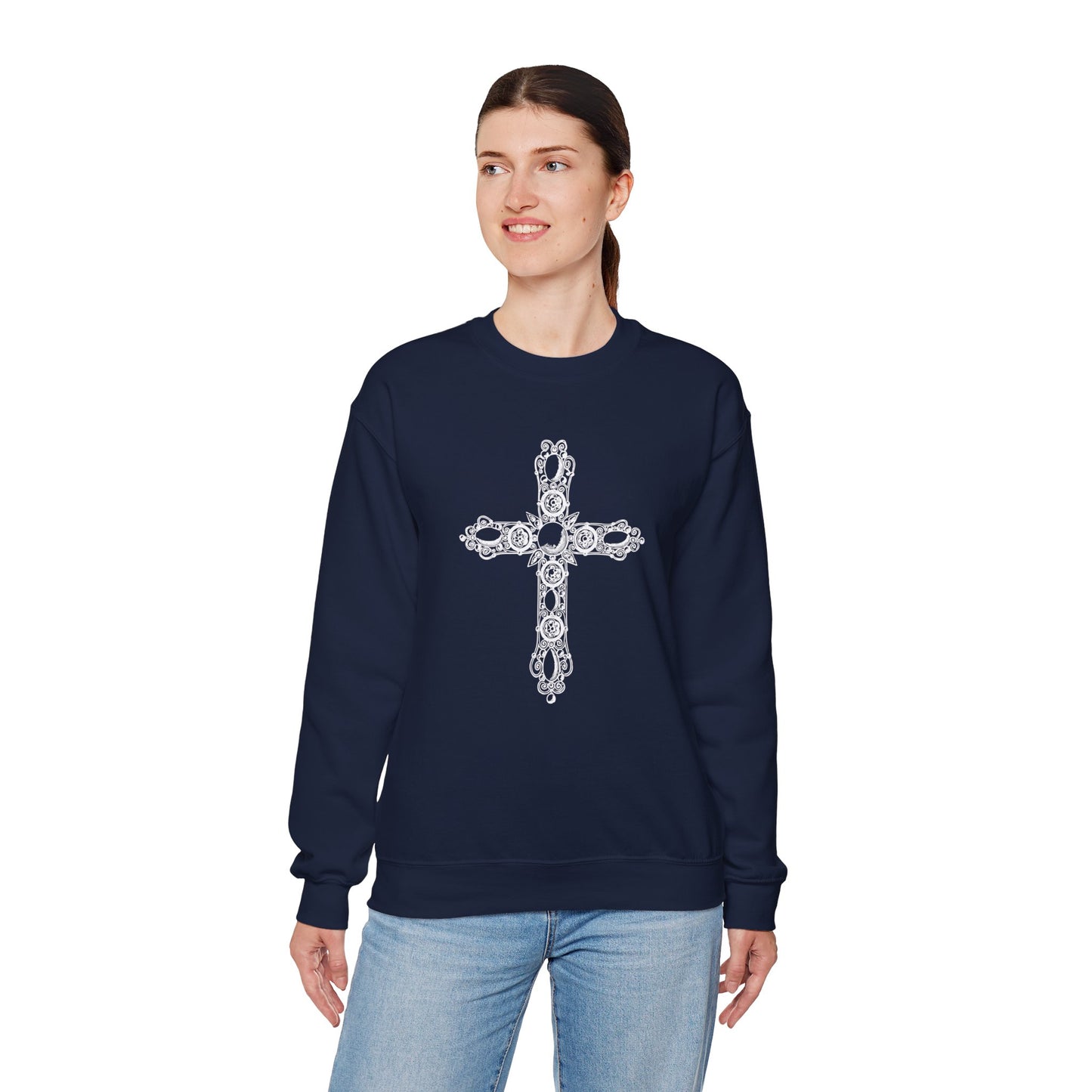 Luxe and Laurel Vintage Heritage Cross Sweatshirt — Cotton-Blend Crewneck with Graphic Motif