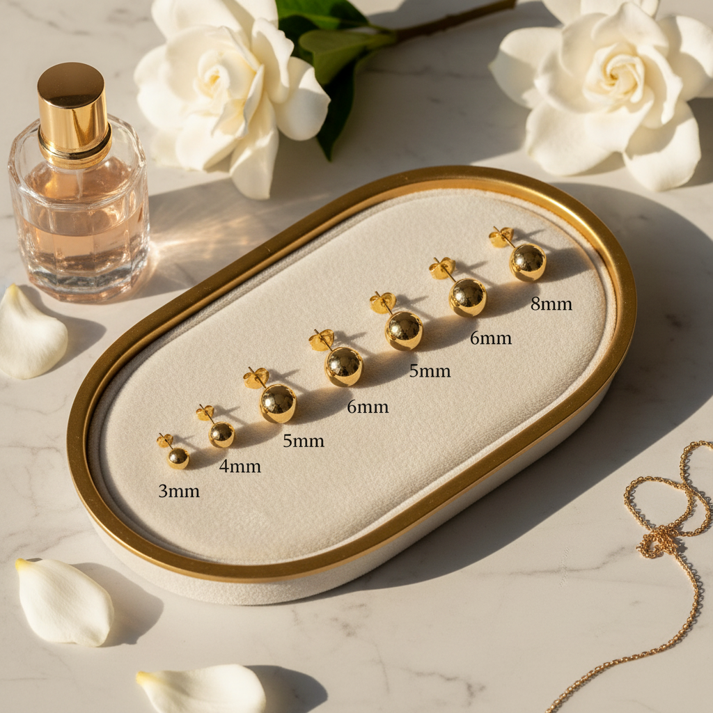14K Gold Ball Studs - All 6 Sizes Vanity Tray