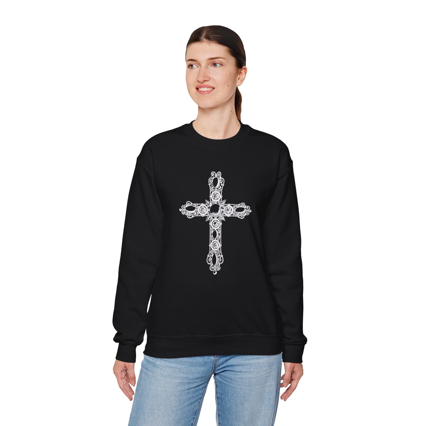 Luxe and Laurel Vintage Heritage Cross Sweatshirt — Cotton-Blend Crewneck with Graphic Motif