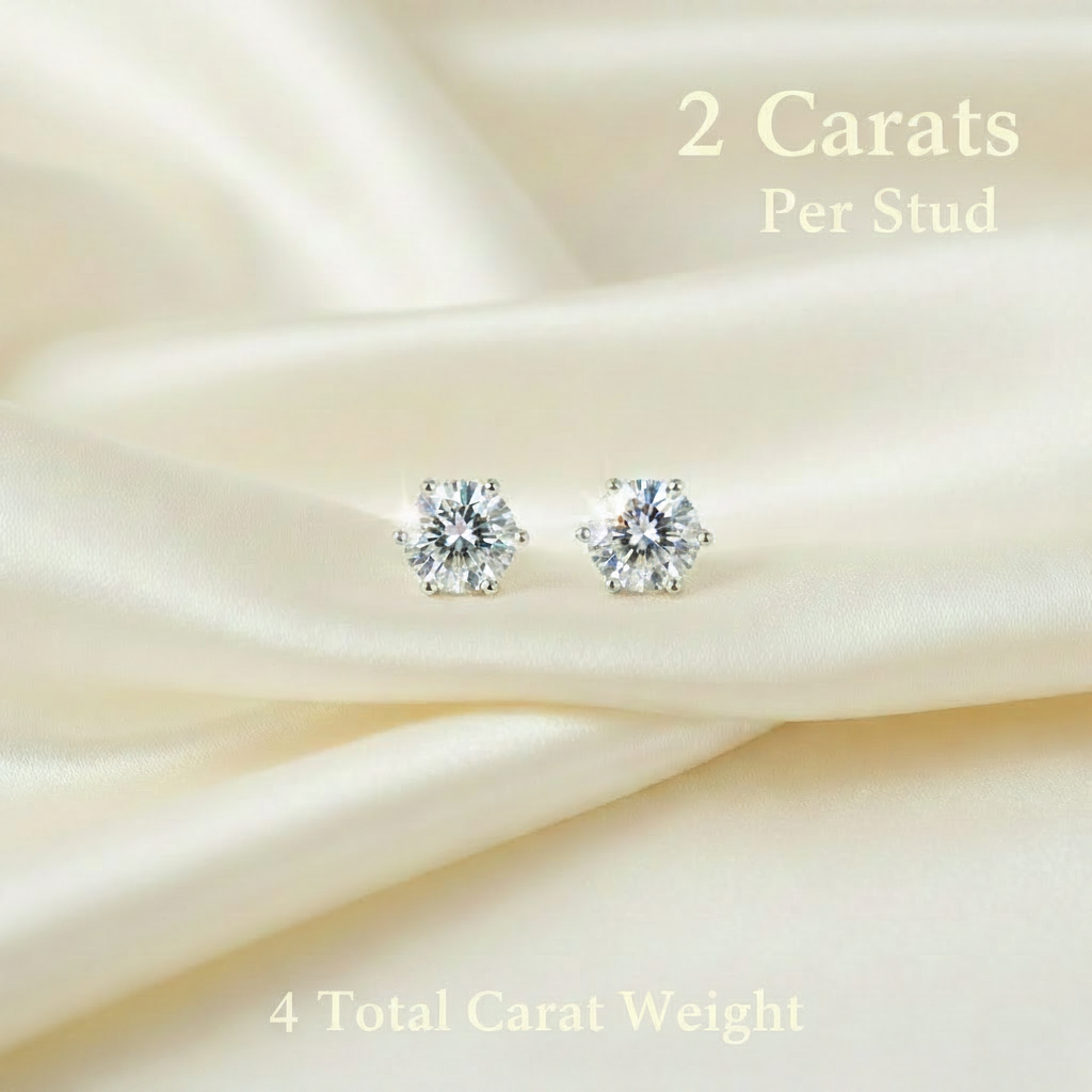 2 Carats Per Stud – 4 Total Carat Weight Moissanite Studs on Ivory Silk