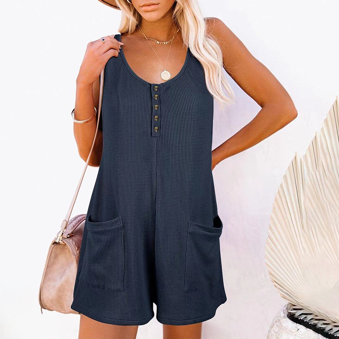 Luxe and Laurel Effortless Summer Romper - Relaxed Button-Front Sleeveless Jumpsuit with Pockets