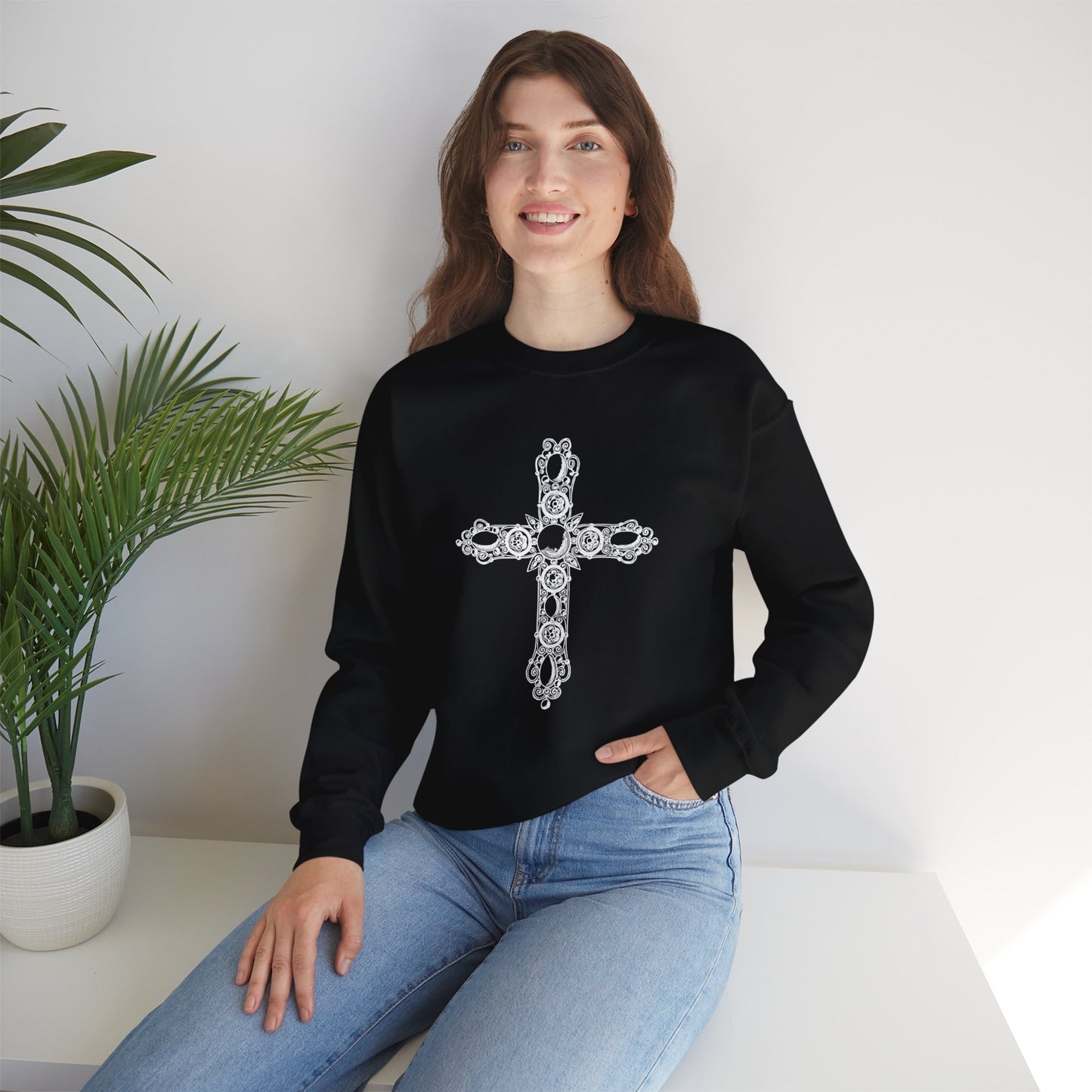 Luxe and Laurel Vintage Heritage Cross Sweatshirt — Cotton-Blend Crewneck with Graphic Motif