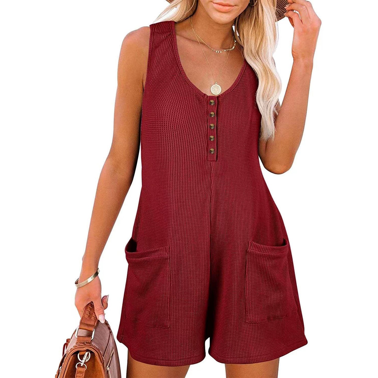 Luxe and Laurel Effortless Summer Romper - Relaxed Button-Front Sleeveless Jumpsuit with Pockets