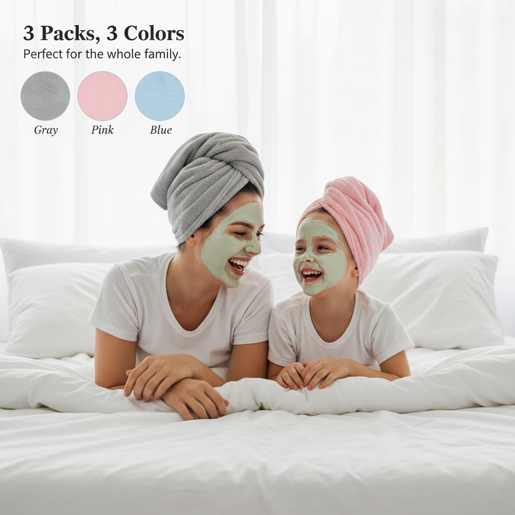 Mother and daughter wearing a face mask and a microfiber hair towel