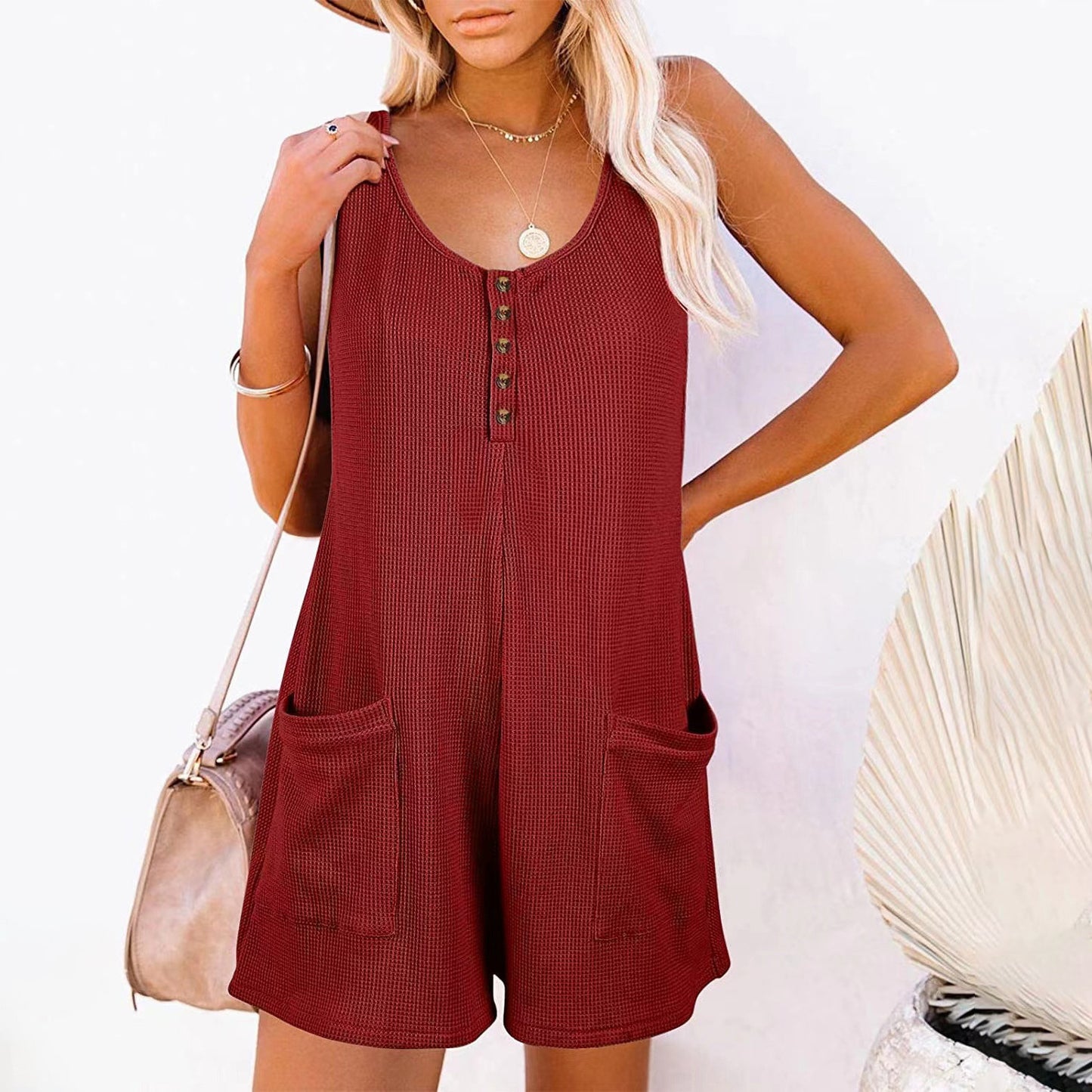Luxe and Laurel Effortless Summer Romper - Relaxed Button-Front Sleeveless Jumpsuit with Pockets