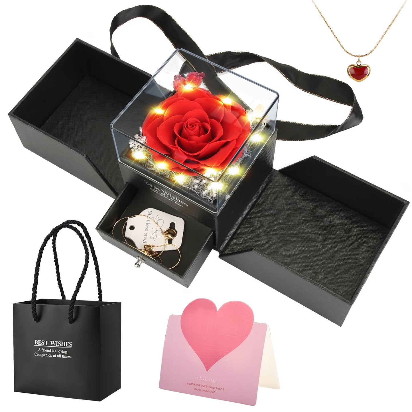 Luxe and Laurel Eternal Muse Set — Preserved Crimson Rose & Heart Locket with LED Display