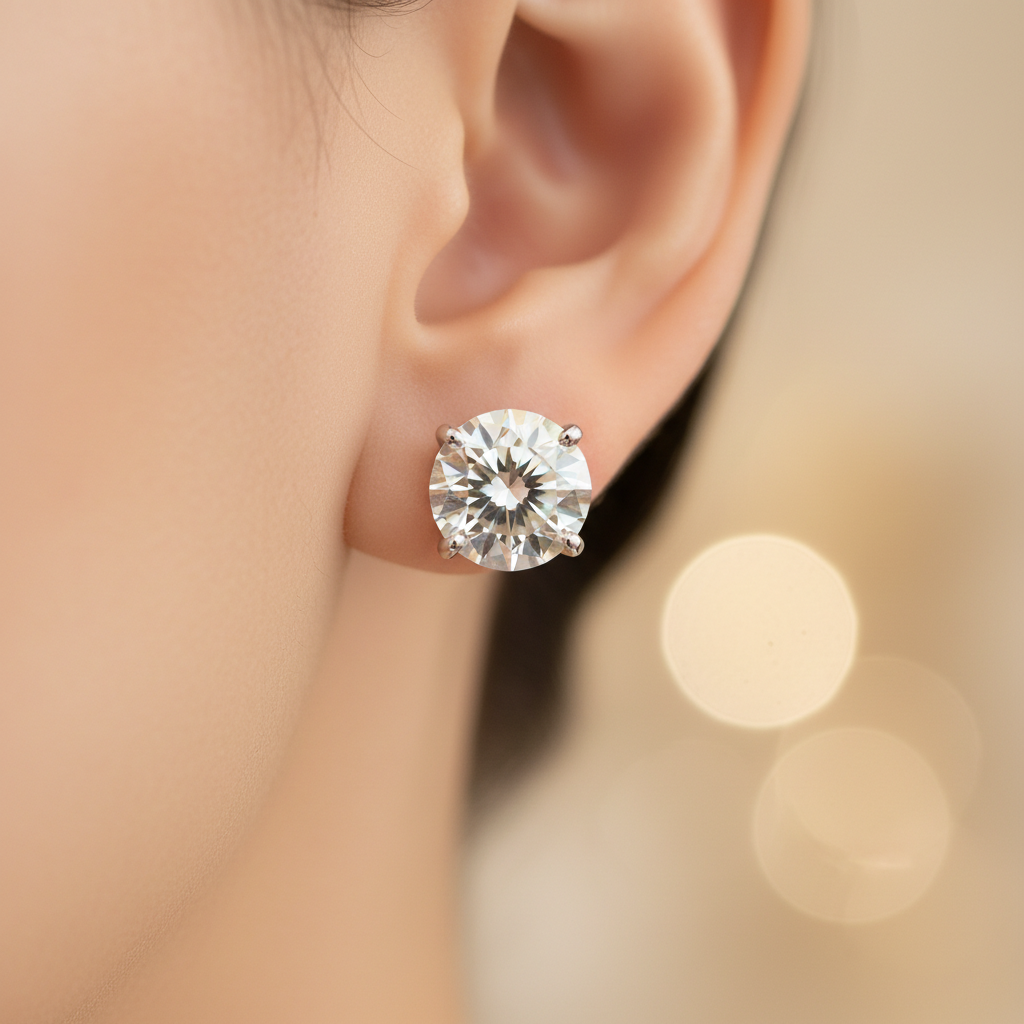 4 Carat Round Brilliant Moissanite Stud — Ear Profile