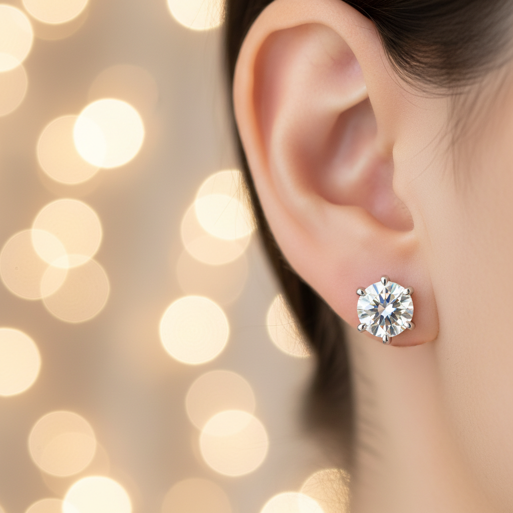 40 Point Round Brilliant Moissanite Stud — Ear Profile