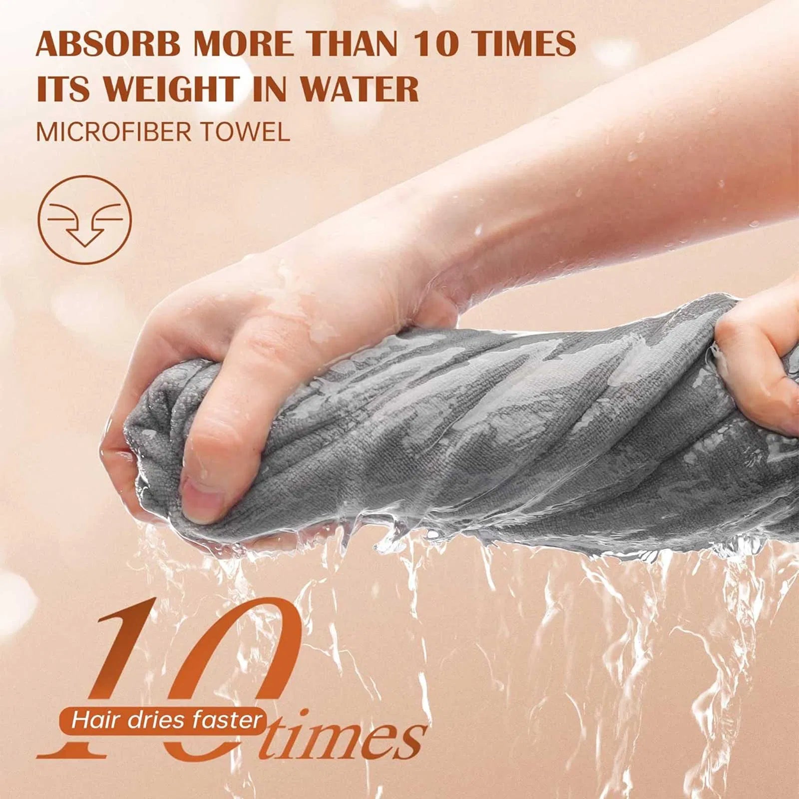 Hand holding a gray microfiber towel with water droplets, text about absorbency, and a brand logo.