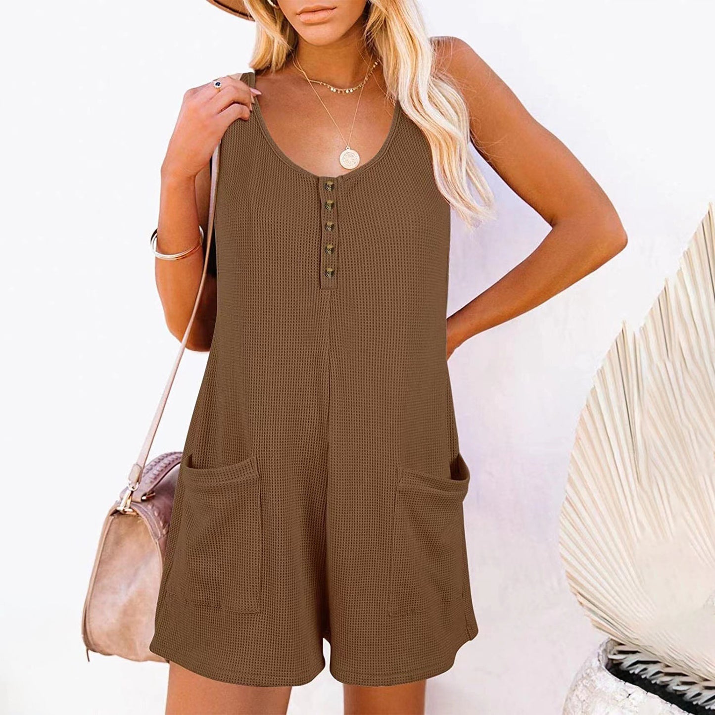 Luxe and Laurel Effortless Summer Romper - Relaxed Button-Front Sleeveless Jumpsuit with Pockets