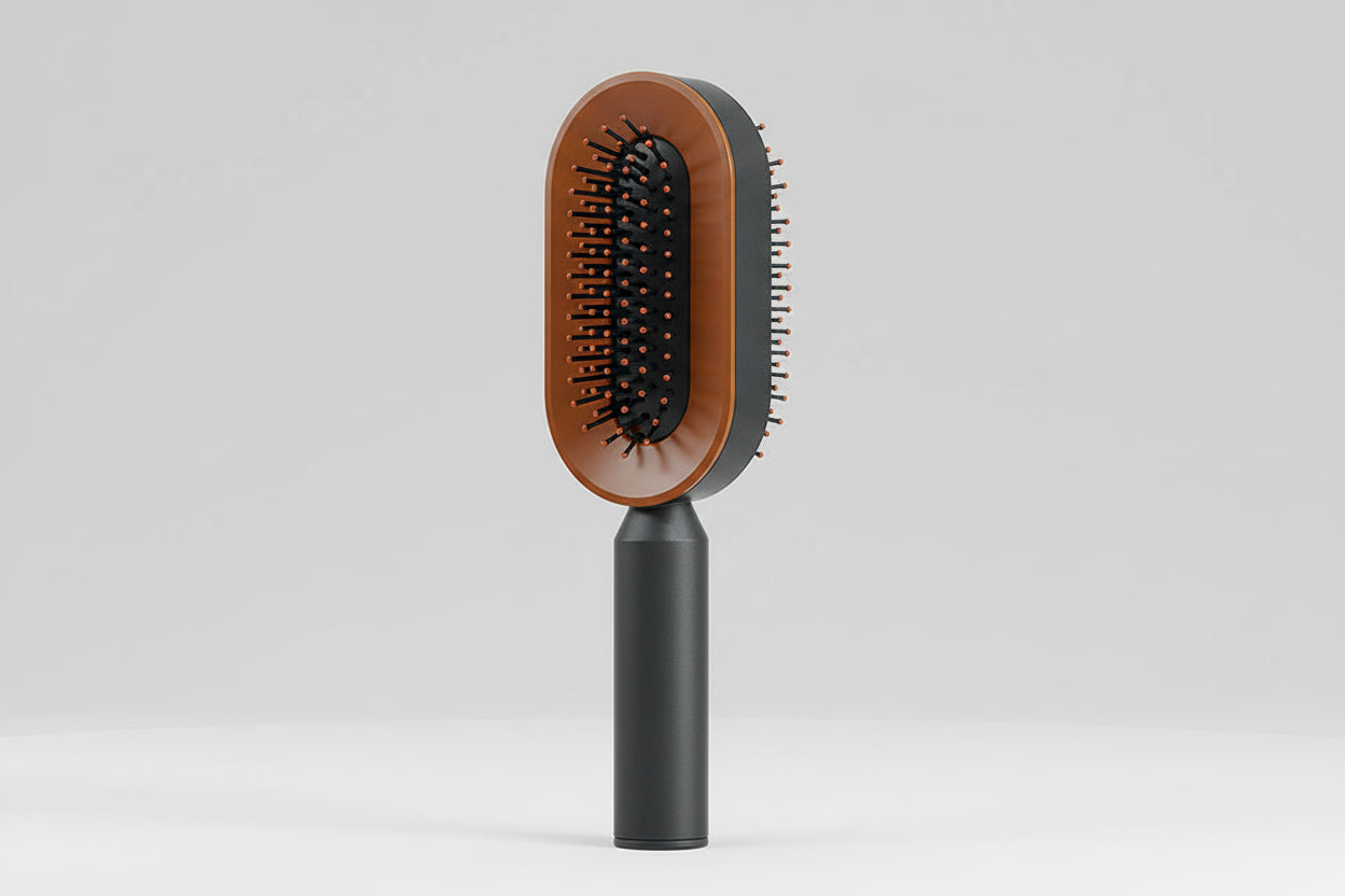 Hairbrush with brown bristle head and black handle on a white background