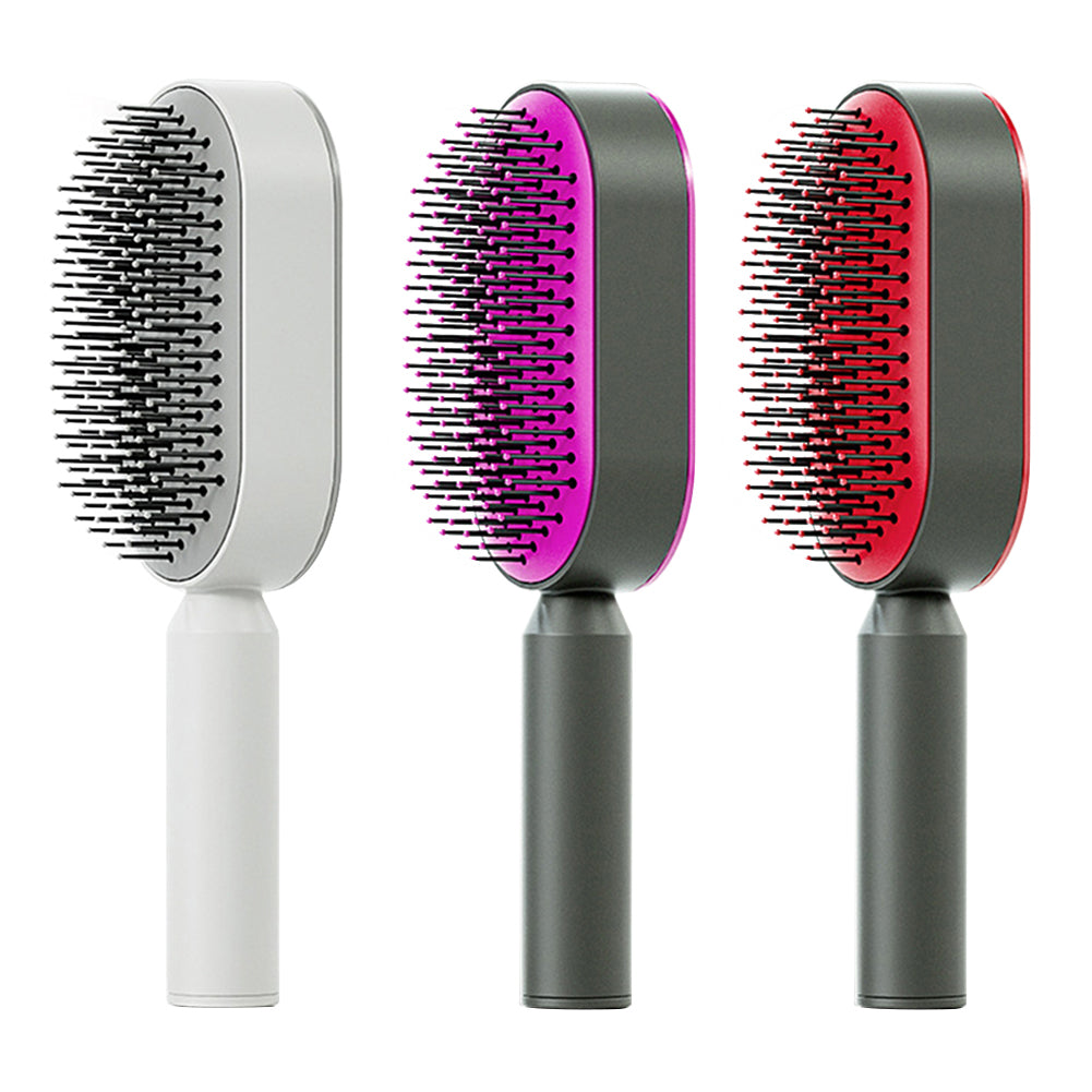  One-click self-cleaning hair removal feature on the Luxe and Laurel white detangling scalp massage brush.