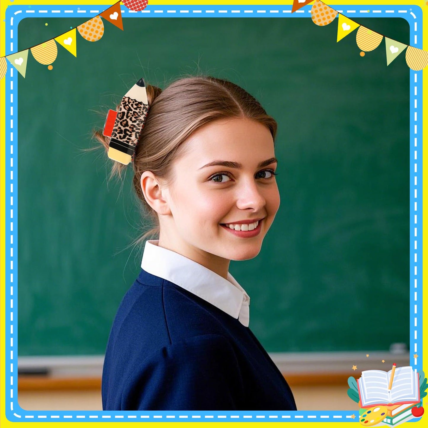 4-Piece Pencil Acrylic Hair Claw Clip Set | Non-Slip Bookish, Teacher & Educator Accessories for Women | Durable School-Themed Hair Accessories