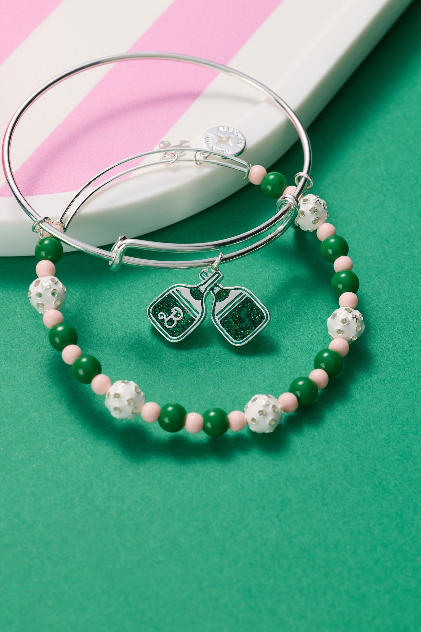 The Center Court Bangle Duo | Barbie™ Pickleball Edition in Shimmering Enamel & Glitter Verdant