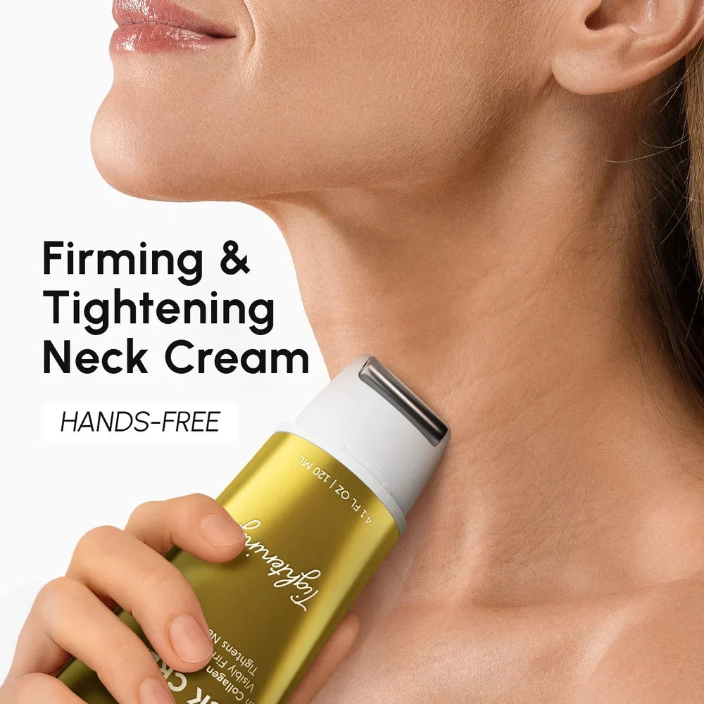 Woman applying neck cream with a hands-free device, emphasizing firming and tightening effects.
