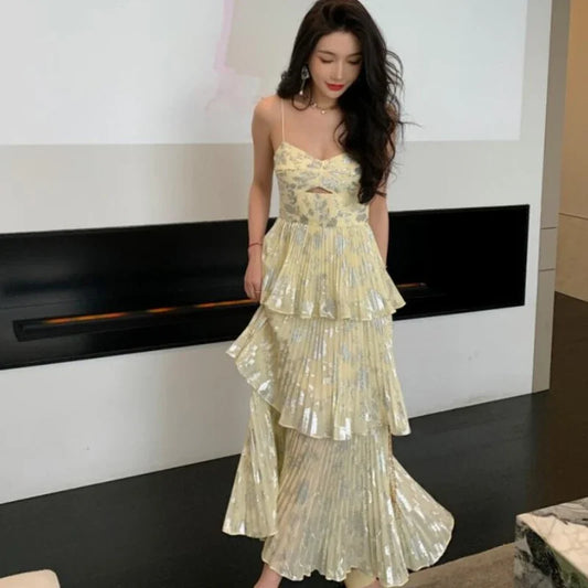 Metallic Floral Chiffon Midi Dress