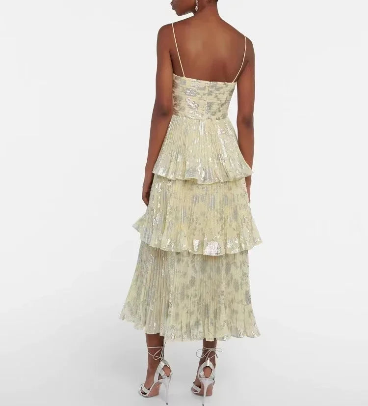 Metallic Floral Chiffon Midi Dress