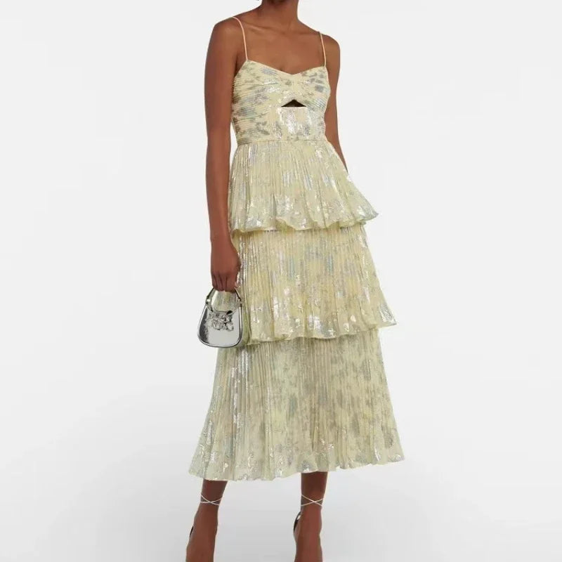 Metallic Floral Chiffon Midi Dress