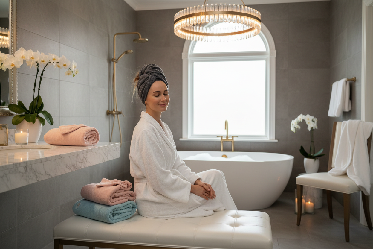 Woman in a white robe and a micro fiber turban sitting on a bench in a modern bathroom.