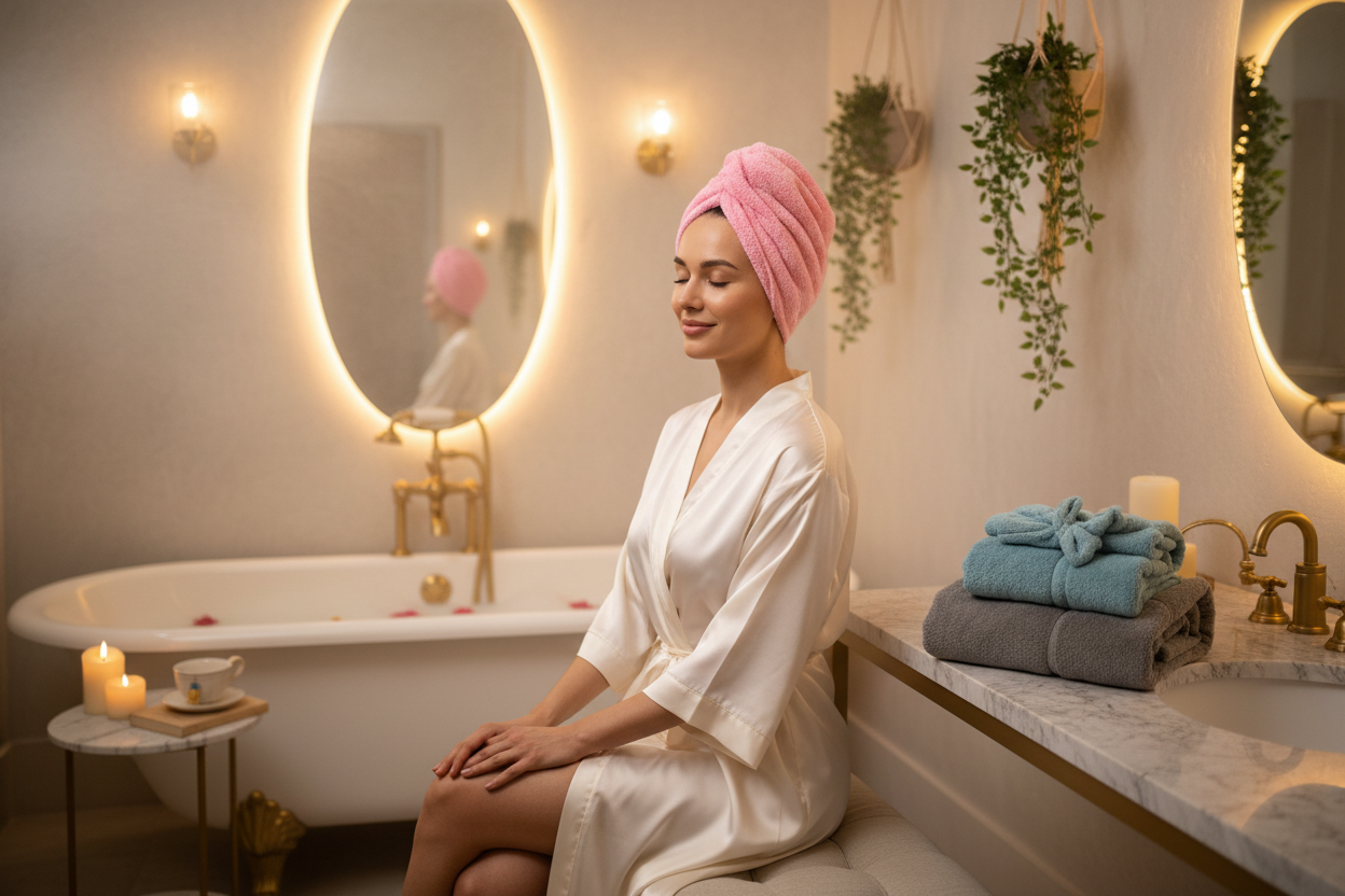 Woman in a white robe with a pink microfiber hair towel on her head in a bathroom setting.