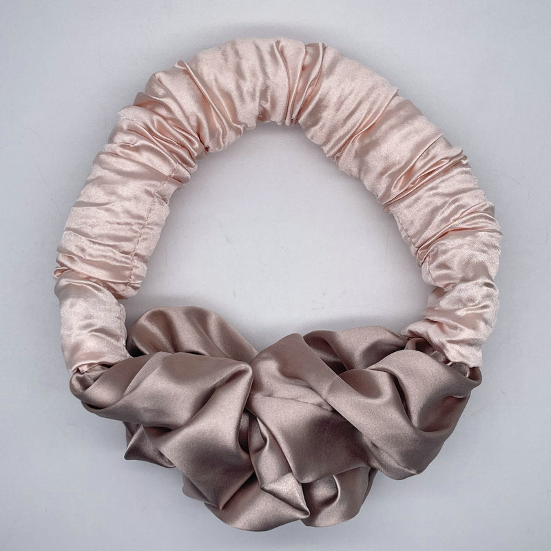 Luxe and Laurel sponge pink and tan bun maker creating a voluminous French Twist 