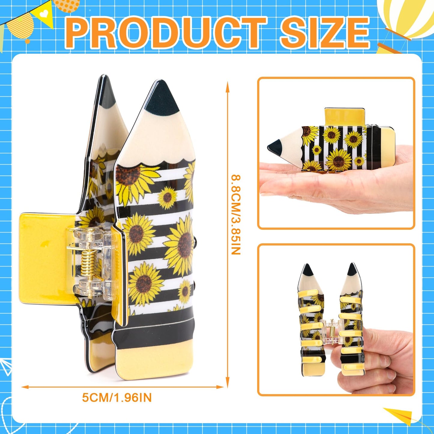 4-Piece Pencil Acrylic Hair Claw Clip Set | Non-Slip Bookish, Teacher & Educator Accessories for Women | Durable School-Themed Hair Accessories