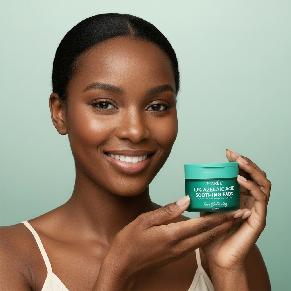 Azelaic Acid Soothing Pads – African-American Model in Spaghetti Strap