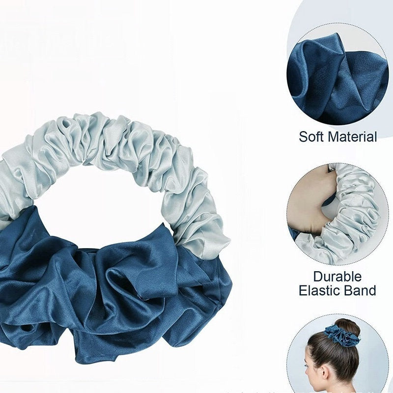 Blue scrunchie with close-up details on soft material and durable elastic band, on a white background.