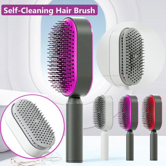 Demonstration of the one-click self-cleaning hair removal feature on the Luxe and Laurel white detangling scalp massage brush.