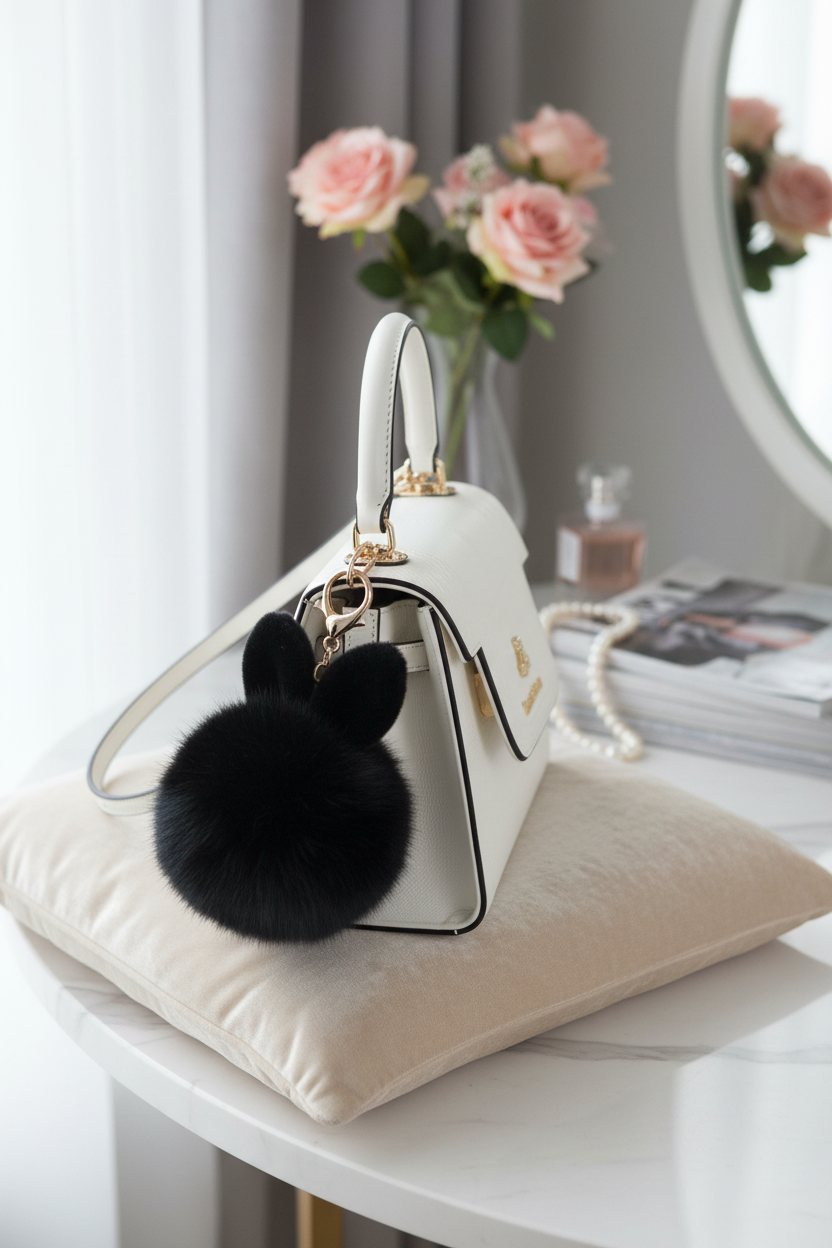 Close-up of a soft, fluffy black rabbit plush bag charm attached to a white handbag, showcasing the tactile sensory texture.