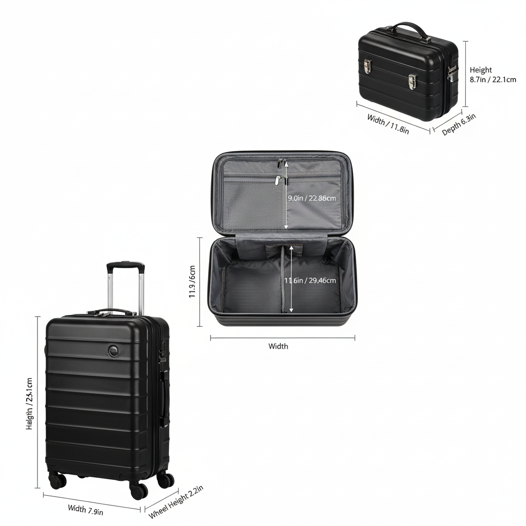 Black Luggage Set - Improved Dimensions Infographic