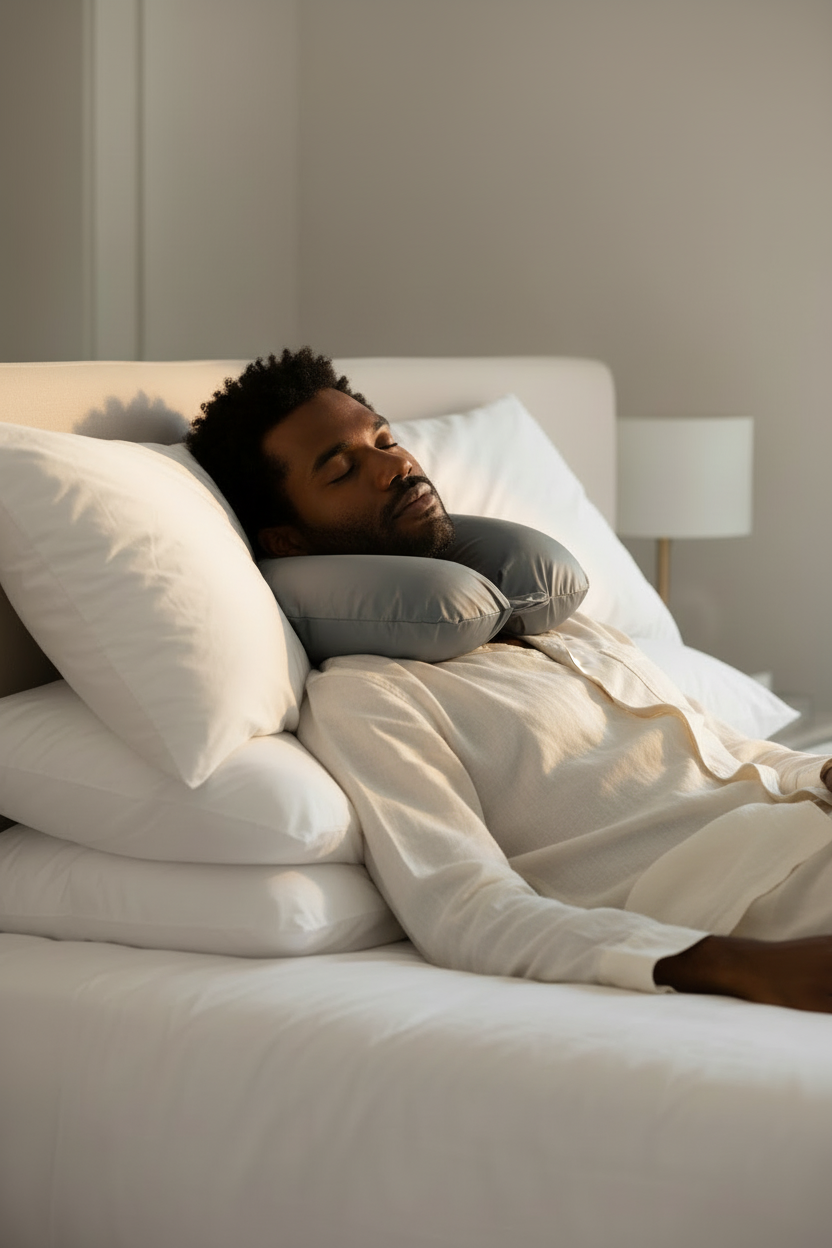 Black Man Relaxing with Slate Blue Neck Pillow