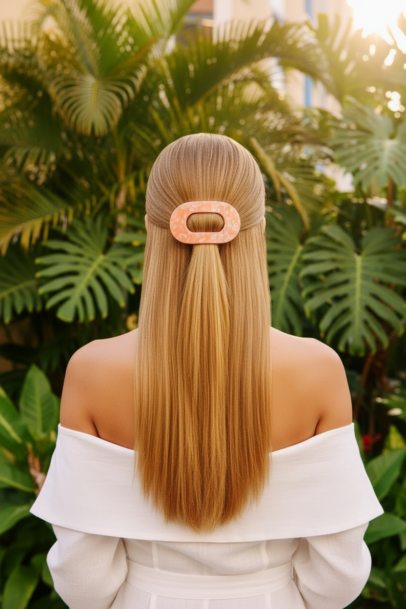 Blonde model wearing Dreamsicle flat barrette