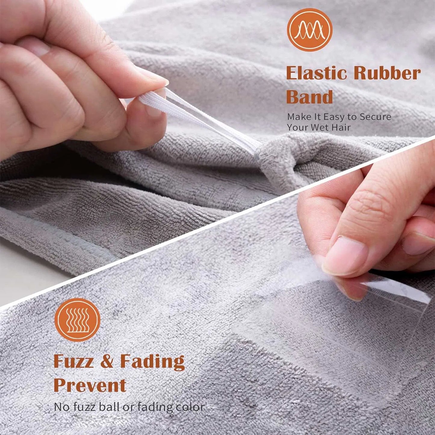 Elastic rubber band being used to secure  a microfiber hair turban with text highlighting its benefits.