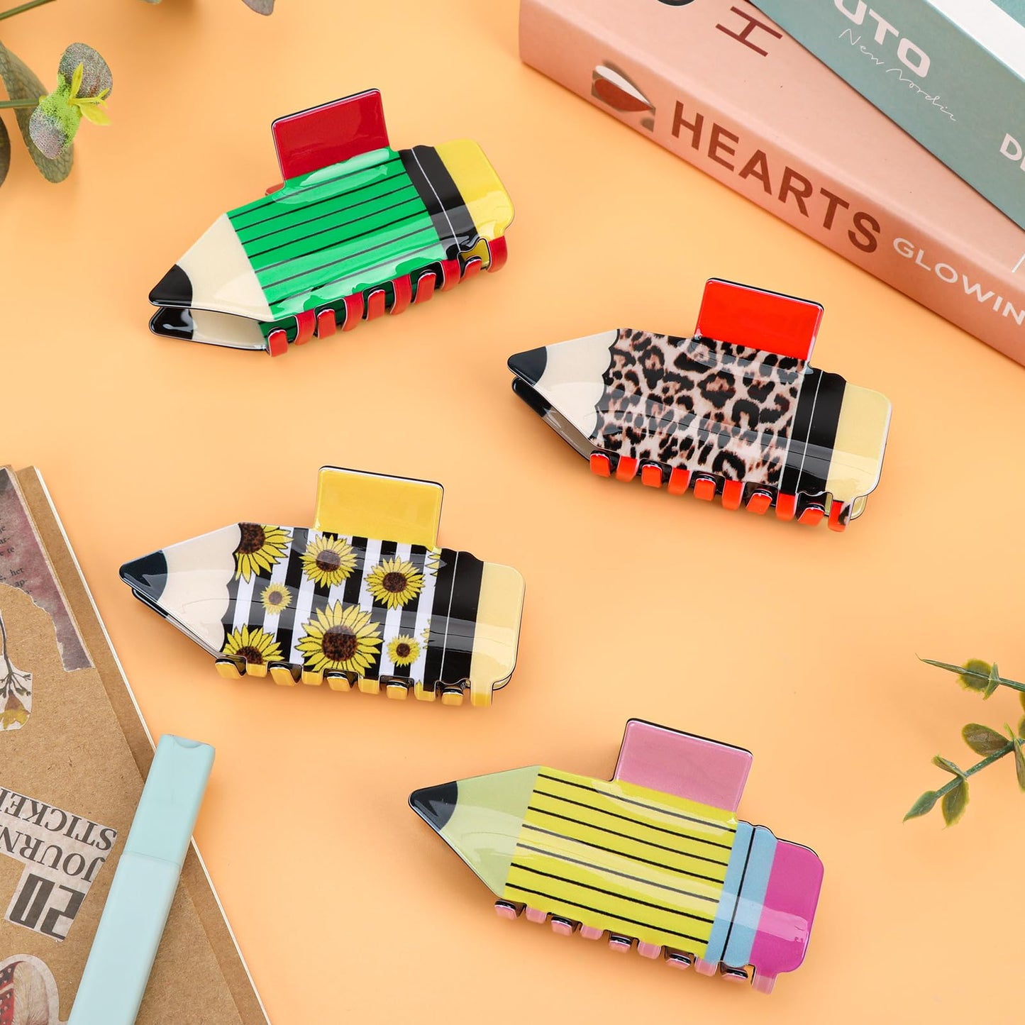 4-Piece Pencil Acrylic Hair Claw Clip Set | Non-Slip Bookish, Teacher & Educator Accessories for Women | Durable School-Themed Hair Accessories