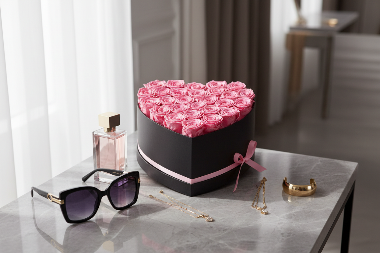 Chic lifestyle photo of pink preserved roses