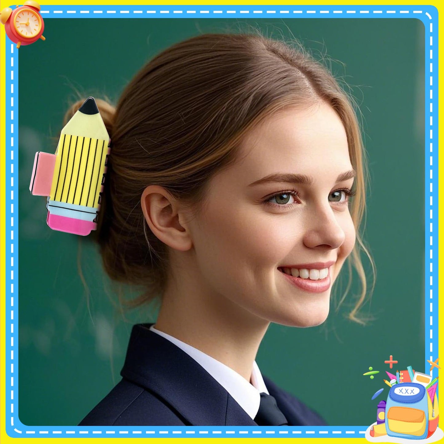 Woman with a colorful pencil-shaped hair clip against a green chalkboard background