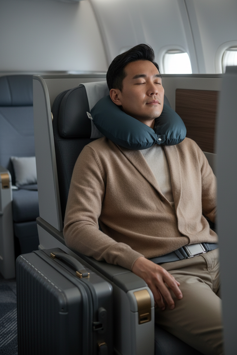 East Asian Man Traveling with Slate Blue Travel Pillow