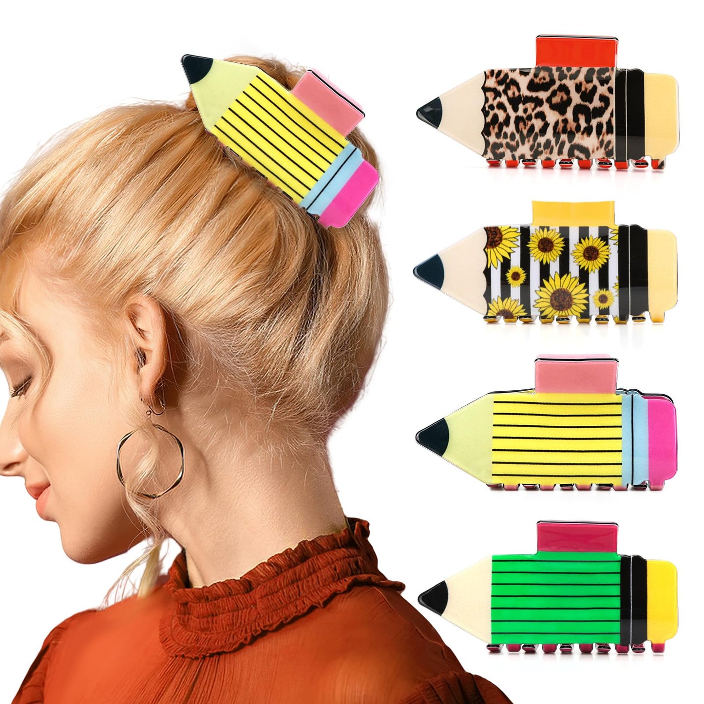 4-Piece Pencil Acrylic Hair Claw Clip Set | Non-Slip Bookish, Teacher & Educator Accessories for Women | Durable School-Themed Hair Accessories