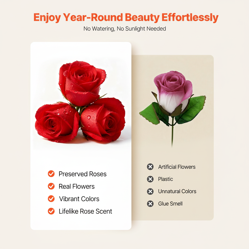 A comparison photo of preserved roses vs artificial flowers