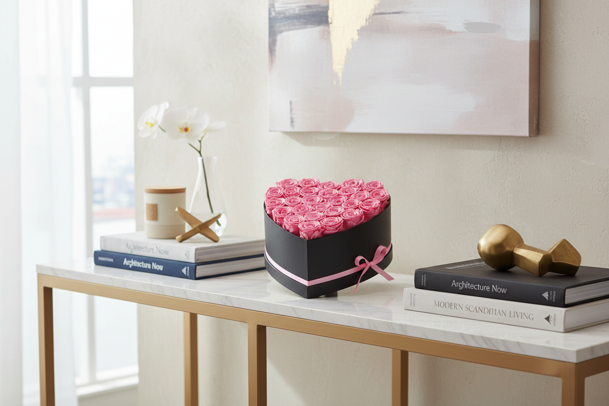 Editorial home decor photo of pink preserved roses heart-shaped box