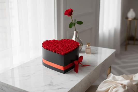 100 Preserved Red Roses in Luxury Heart-Shaped Box on a marble table