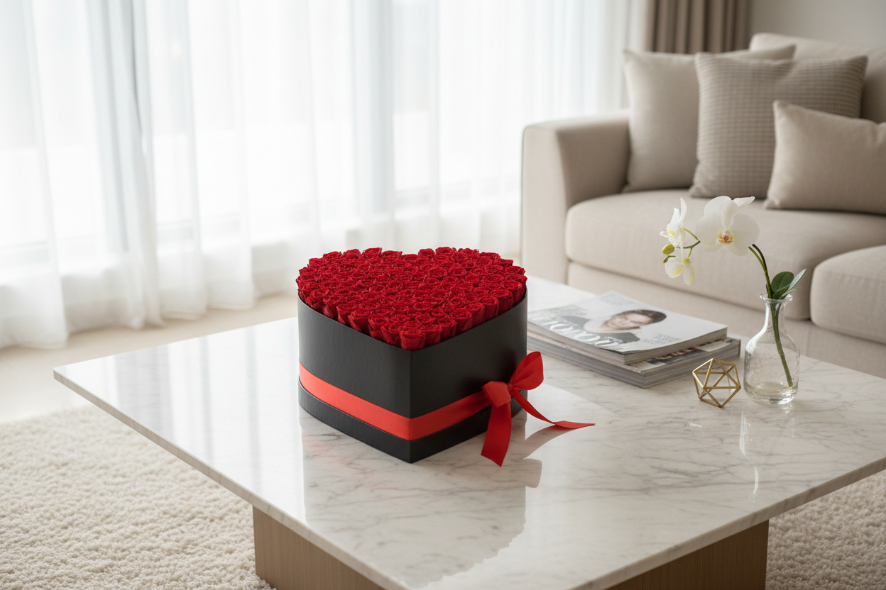 Editorial lifestyle photo of heart-shaped preserved roses box