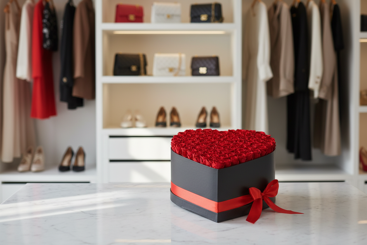 Editorial lifestyle photo of heart-shaped preserved roses in luxurious closet